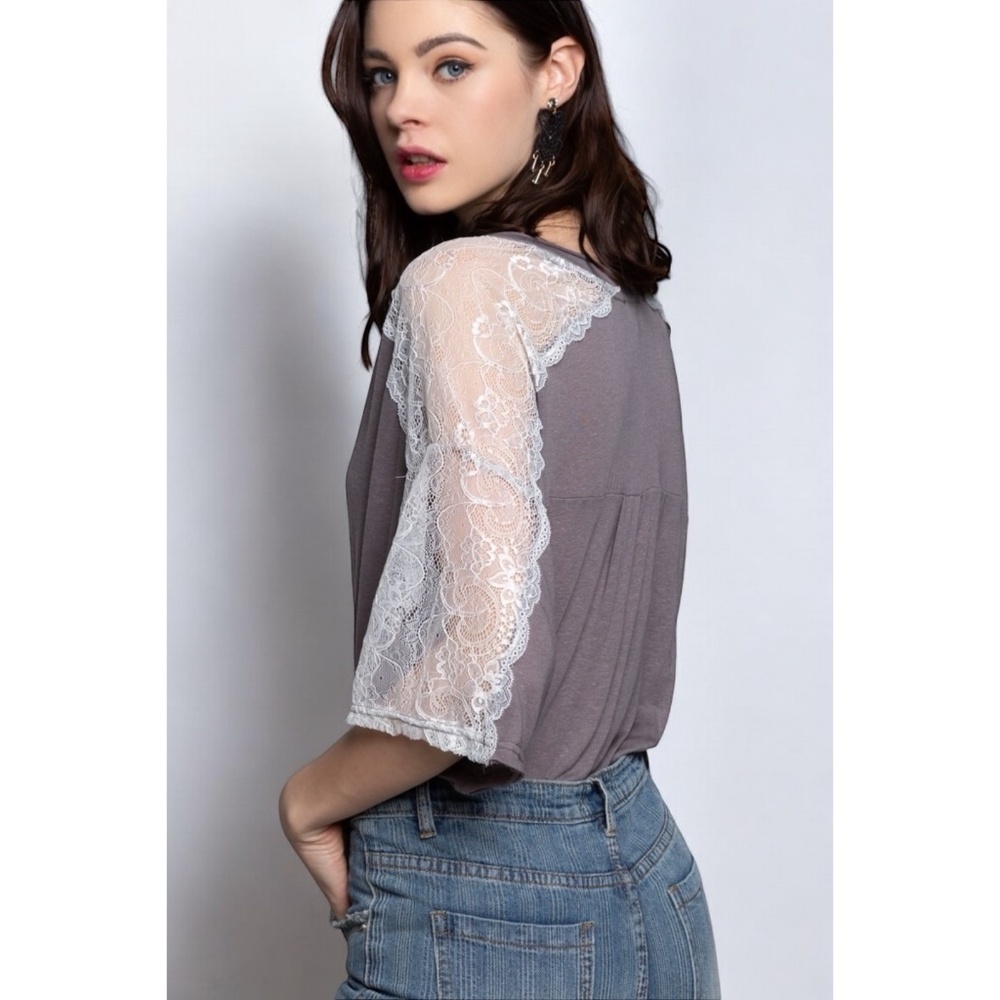 POL Charcoal Lace Half Sleeve Oversized Tee - Picture 2 of 6